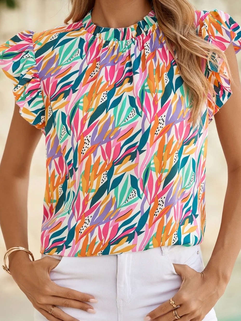 THML Lila Floral Blouse Womens Size Medium Ruffle Collar Cap Sleeves